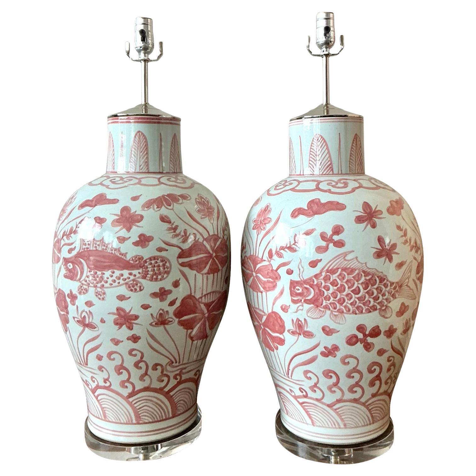 Lampade a forma di pesce in ceramica smaltata vintage Boho - Una coppia in vendita