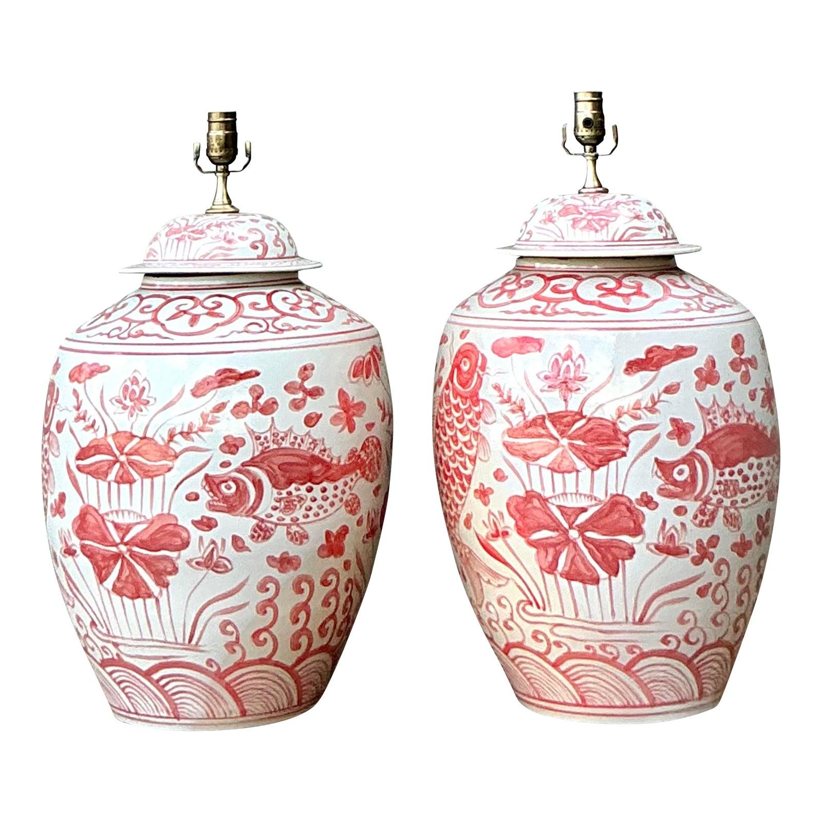 Vintage Boho Glazed Ceramic Fish Lamps - A Pair