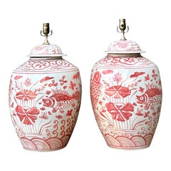 Vintage Boho Glazed Ceramic Fish Lamps - A Pair