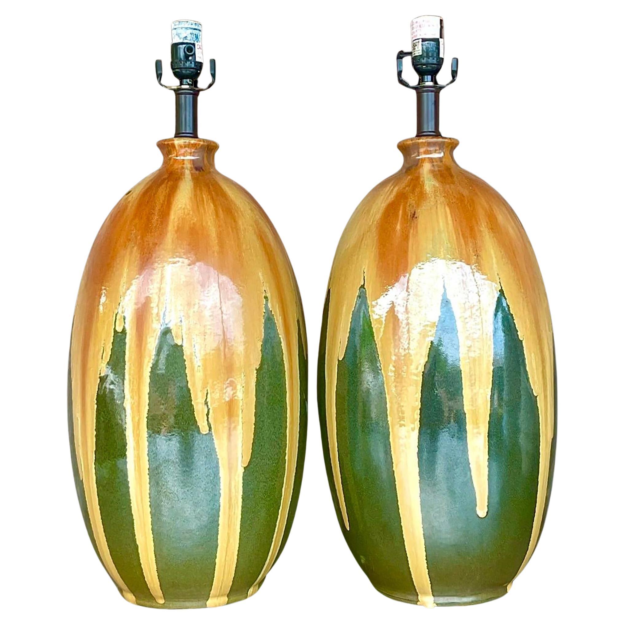 Vintage Boho Glazed Ceramic Flame Lamps - a Pair