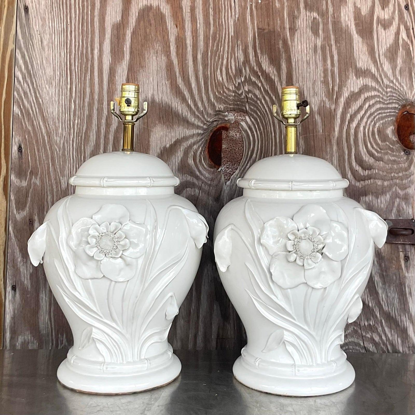 Vintage Boho Glazed Ceramic Floral Lamps - a Pair In Good Condition In west palm beach, FL