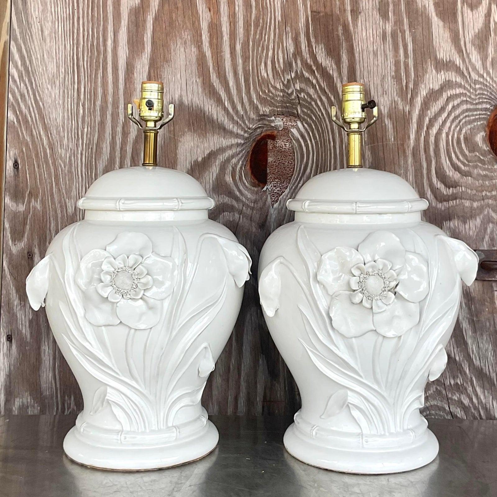 Late 20th Century Vintage Boho Glazed Ceramic Floral Lamps - a Pair