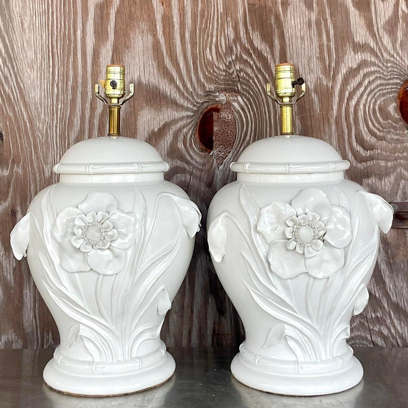 Vintage Boho Glazed Ceramic Floral Lamps - a Pair 1