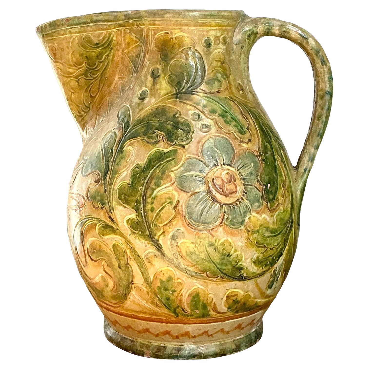 Vintage Boho Glazed Ceramic Floral Pitcher For Sale