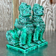 Vintage Boho Glazed Ceramic Foo Dogs - a Pair