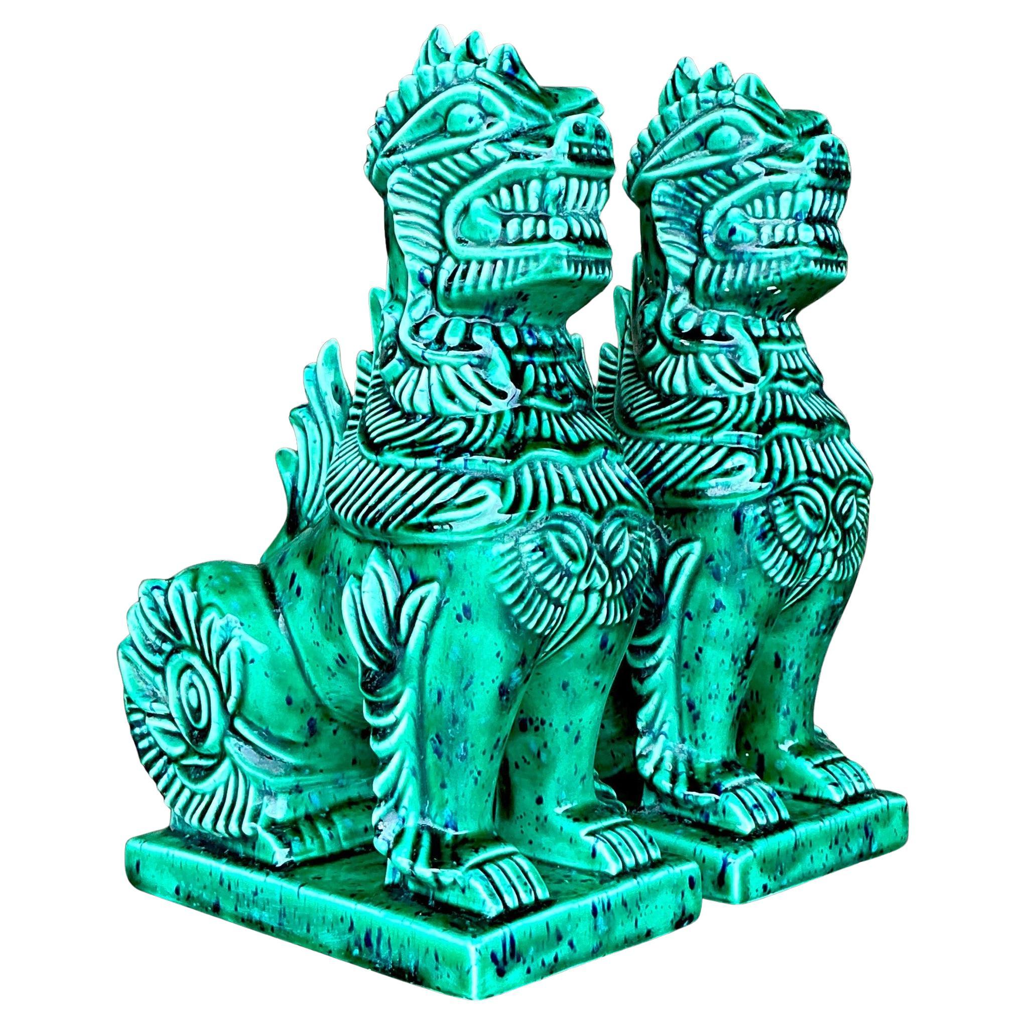 Vintage Boho Glazed Ceramic Foo Dogs - a Pair