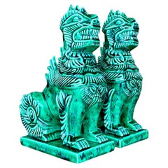 Vintage Boho Glazed Ceramic Foo Dogs - a Pair