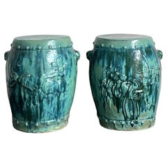 Vintage Boho Glazed Ceramic Garden Stools - A Pair