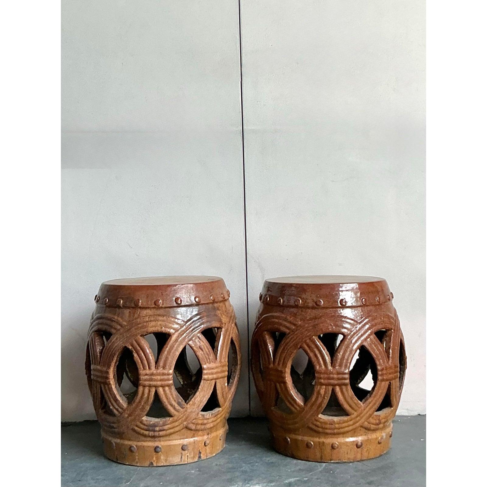 Taburetes de jardín de cerámica esmaltada Vintage Boho - Juego de 2 siglo XX en venta