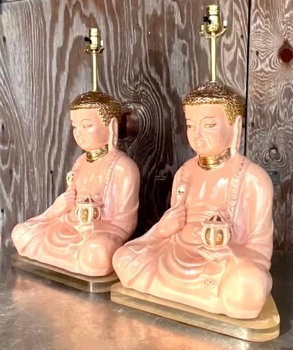 Paire de lampes bouddha en céramique émaillée et dorée de style boho en vente 4