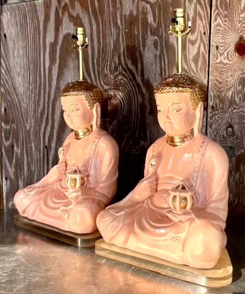 Paire de lampes bouddha en céramique émaillée et dorée de style boho en vente 5