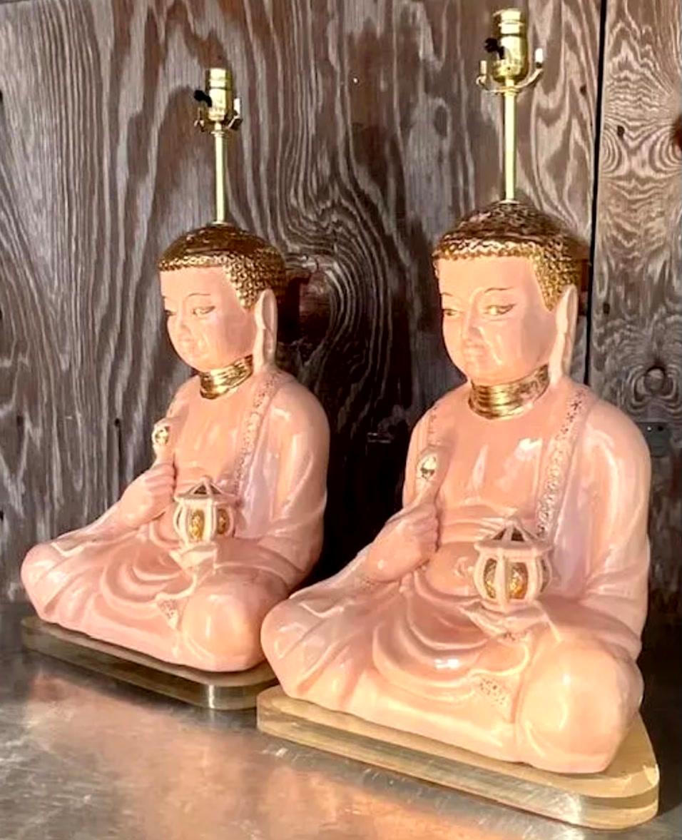 Paire de lampes bouddha en céramique émaillée et dorée de style boho en vente 6