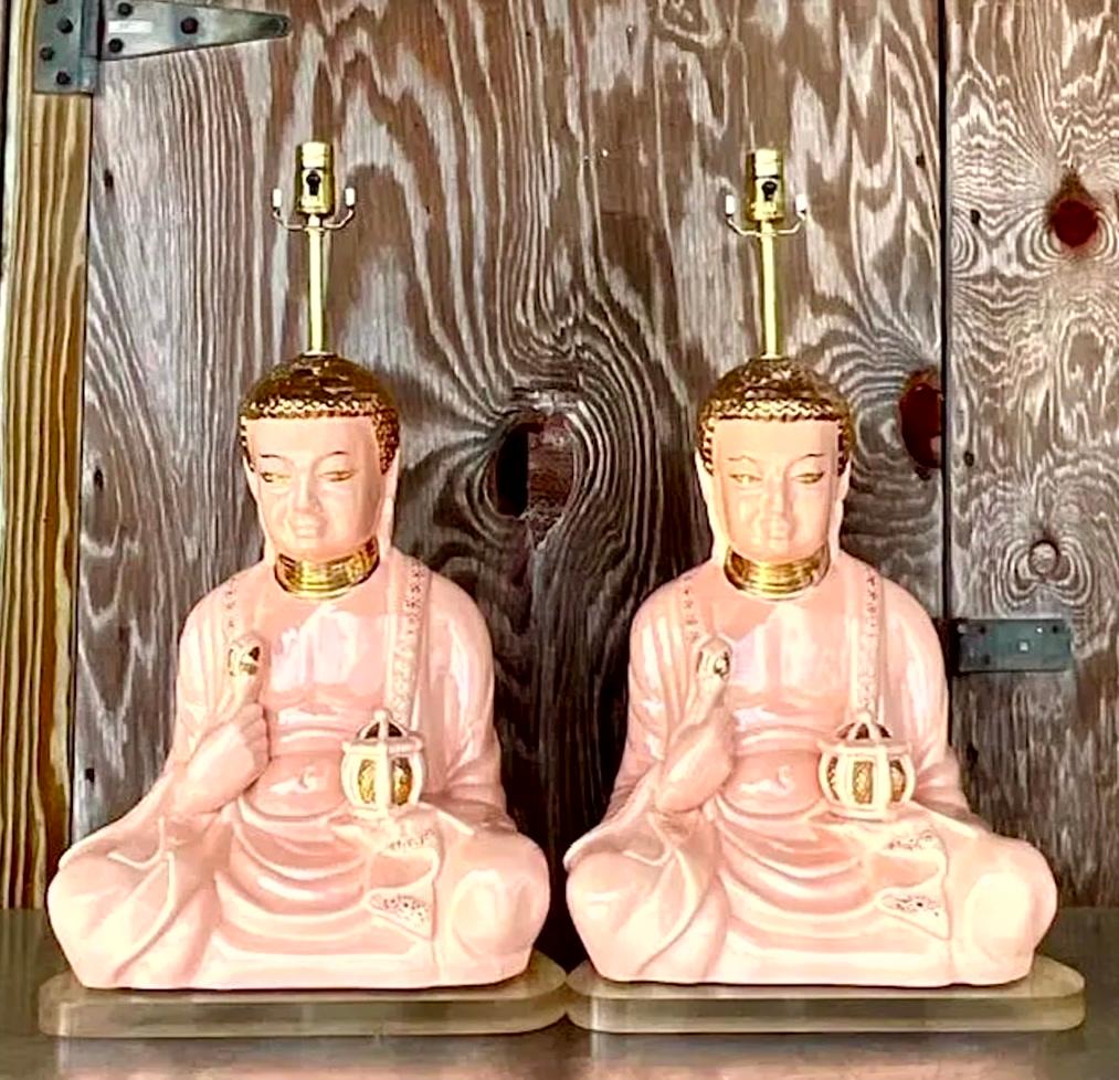 Paire de lampes bouddha en céramique émaillée et dorée de style boho Bon état - En vente à west palm beach, FL