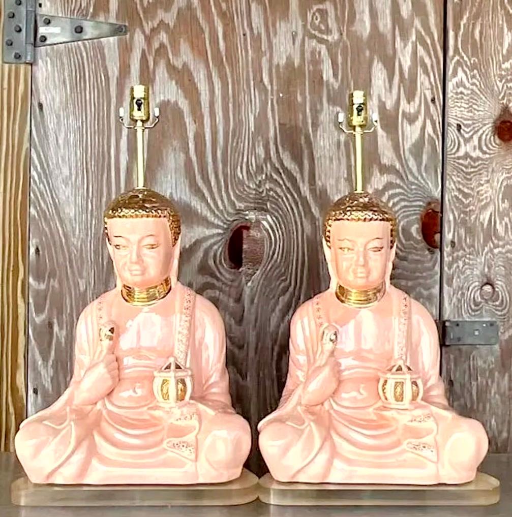 20ième siècle Paire de lampes bouddha en céramique émaillée et dorée de style boho en vente