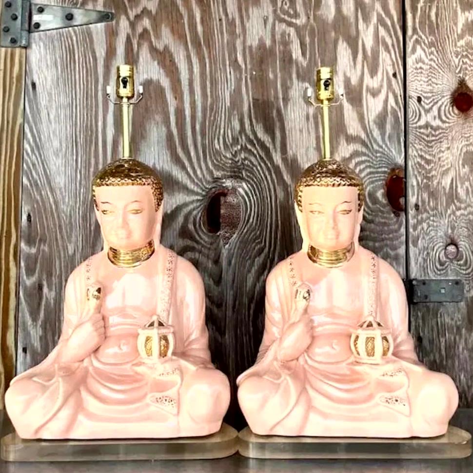 Paire de lampes bouddha en céramique émaillée et dorée de style boho en vente 1