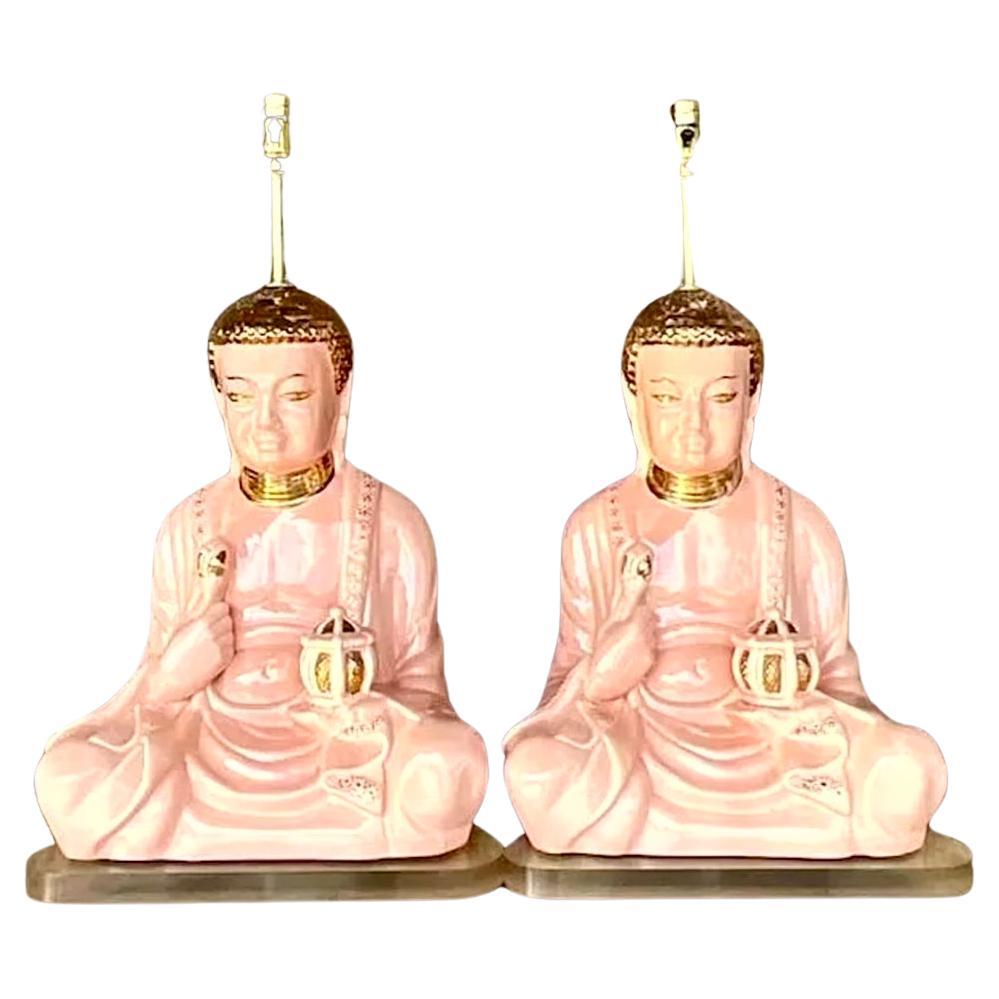 Vintage Boho Glazed Ceramic Gilt Tipped Buddha Lamps - a Pair