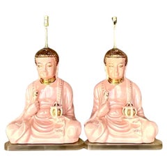 Vintage Boho Glazed Ceramic Gilt Tipped Buddha Lamps - a Pair