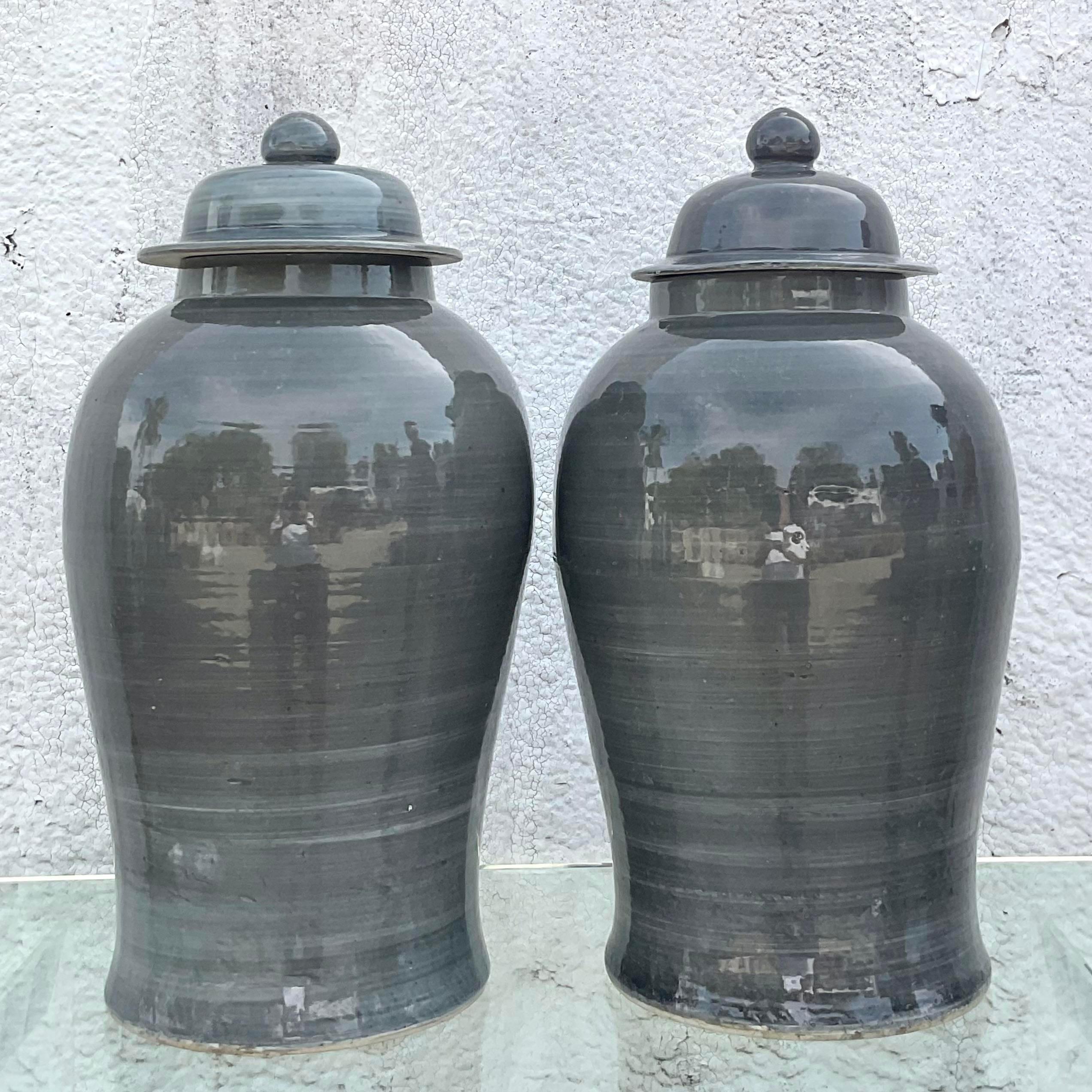 Vintage Boho Glazed Ceramic Ginger Jars - a Pair In Good Condition For Sale In west palm beach, FL