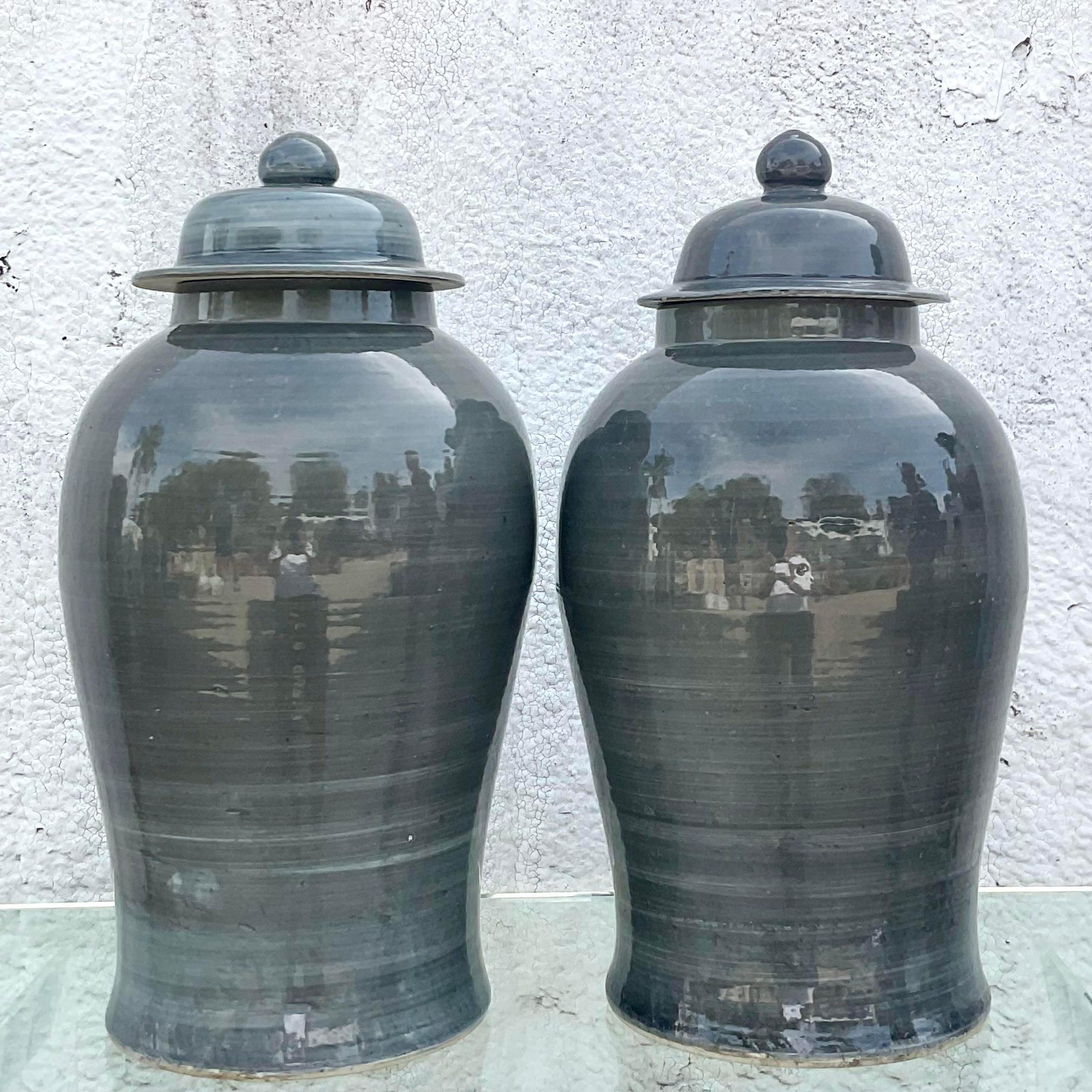 Vintage Boho glasierte Keramik Ingwer Jars - ein Paar im Angebot 1