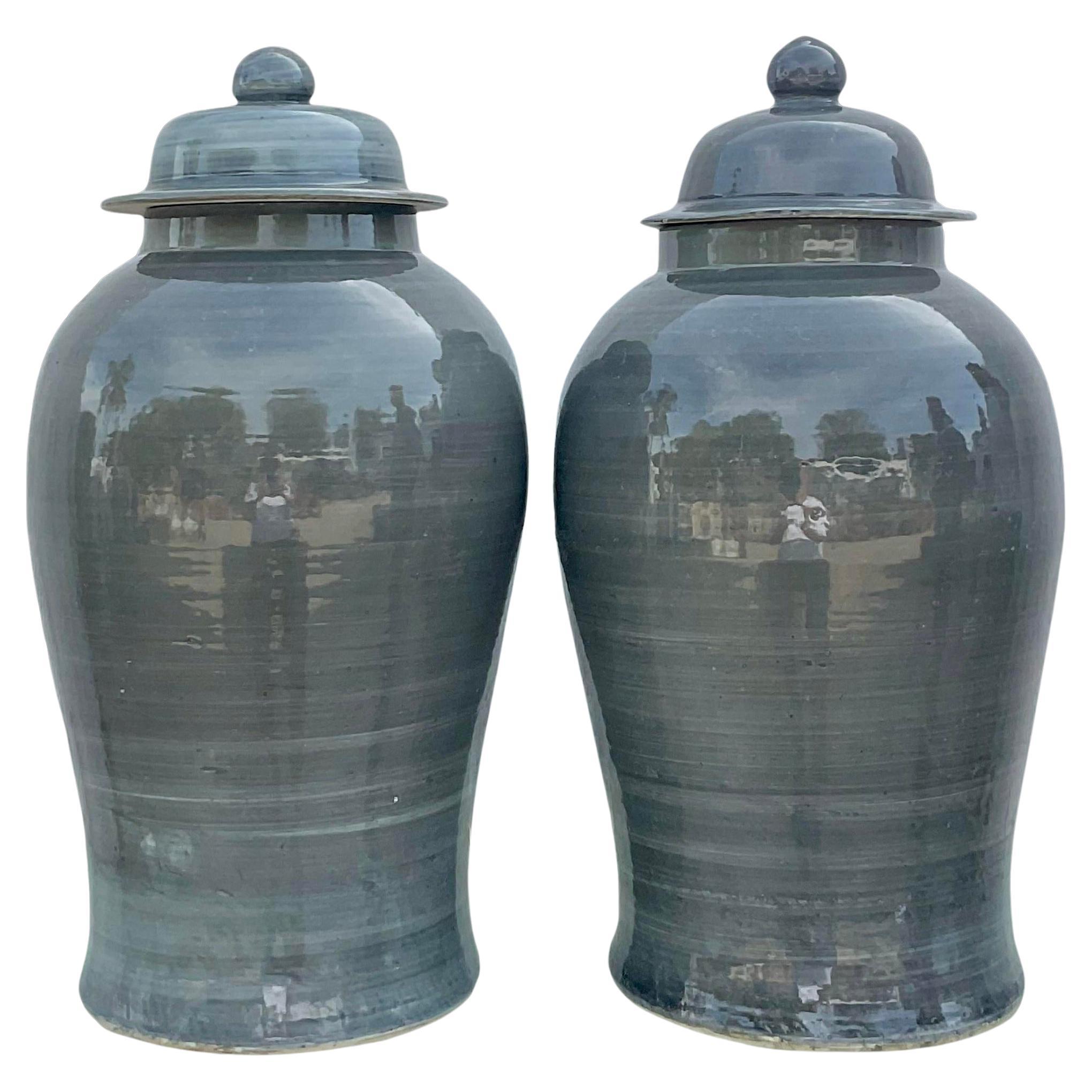 Vintage Boho Glazed Ceramic Ginger Jars - a Pair For Sale