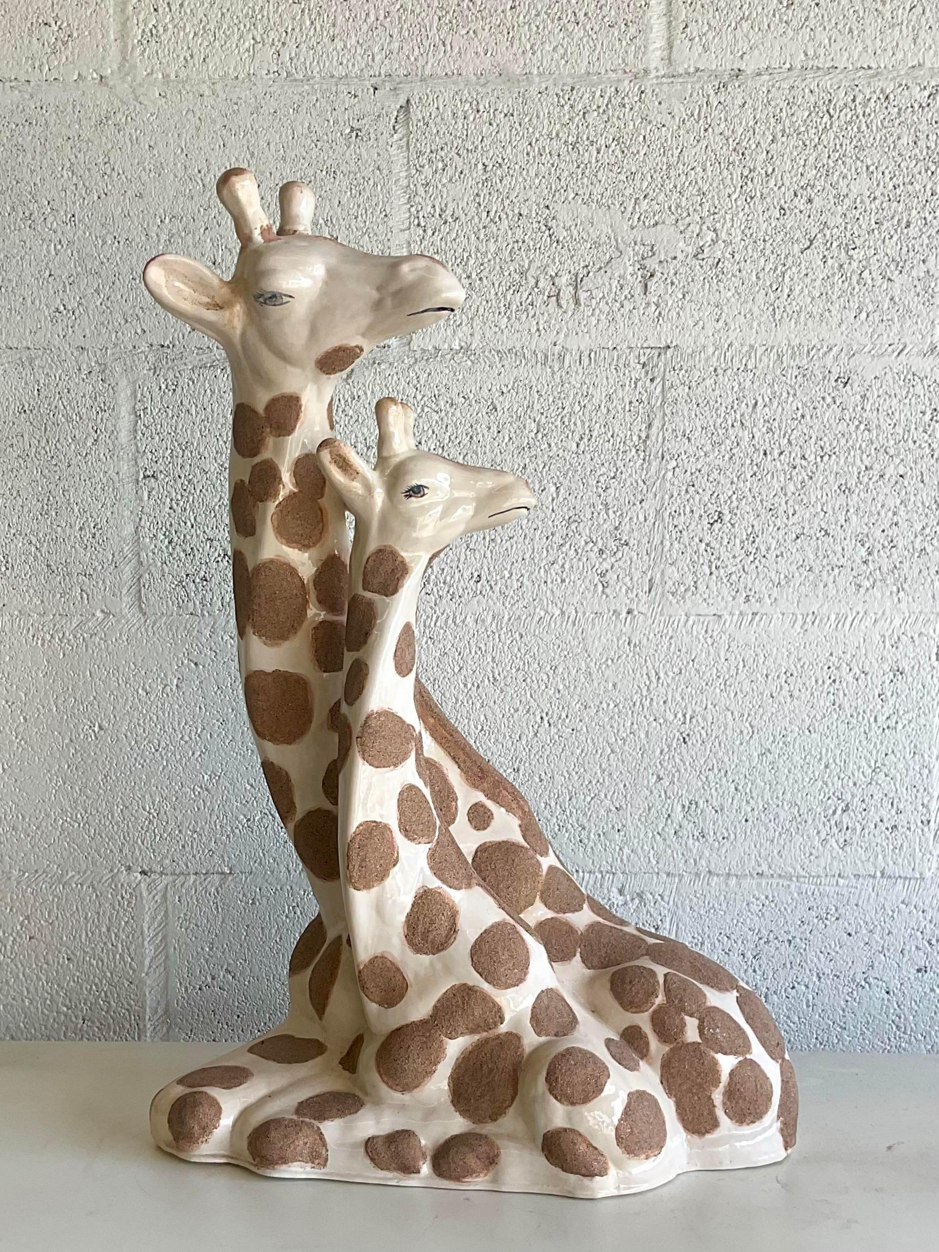 Vintage Boho Glazed Ceramic Giraffes In Good Condition For Sale In west palm beach, FL