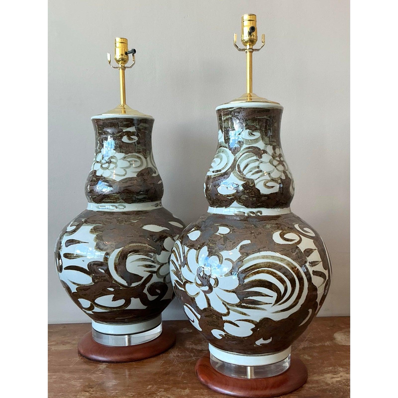 Mid-Century Modern Paire de lampes gourdes vintage en céramique émaillée Boho