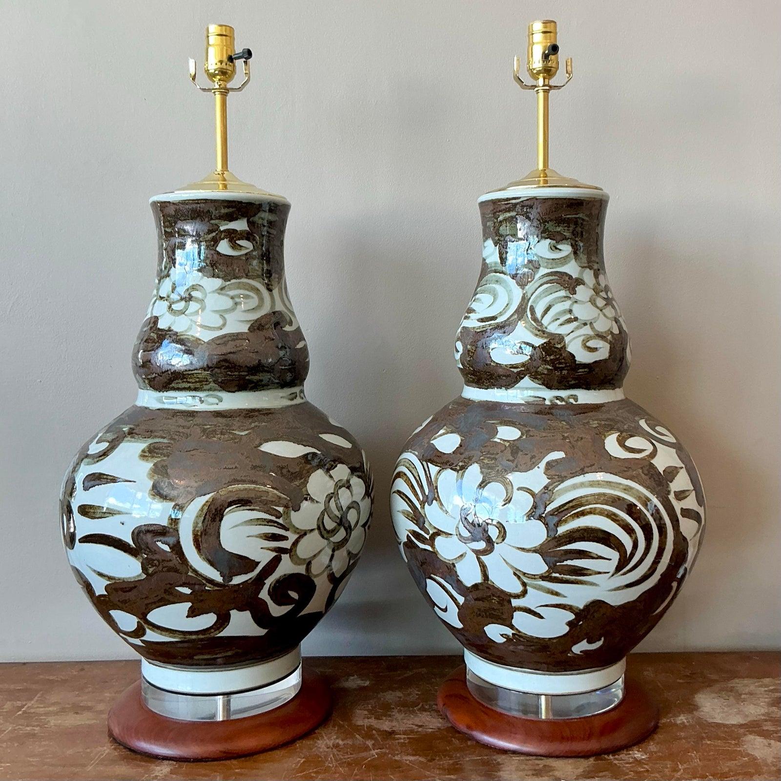Américain Paire de lampes gourdes vintage en céramique émaillée Boho