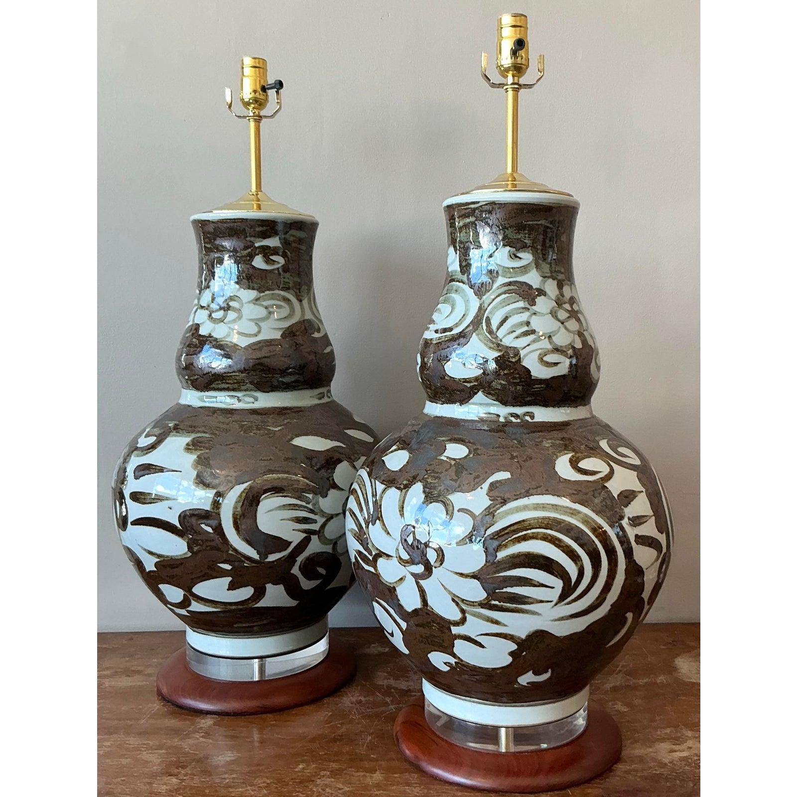 Paire de lampes gourdes vintage en céramique émaillée Boho Bon état à West Palm Beach, FL