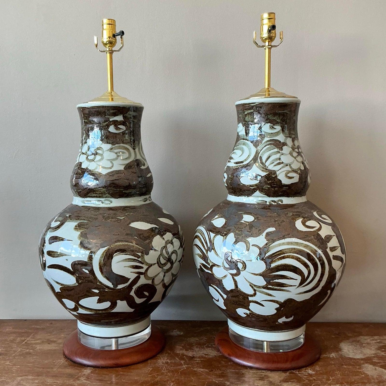 Laiton Paire de lampes gourdes vintage en céramique émaillée Boho