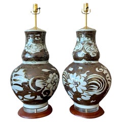 Vintage Boho Glazed Ceramic Gourd Lamps - A Pair