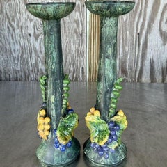 Vintage Boho Glazed Ceramic Grapes Candlesticks - a Pair