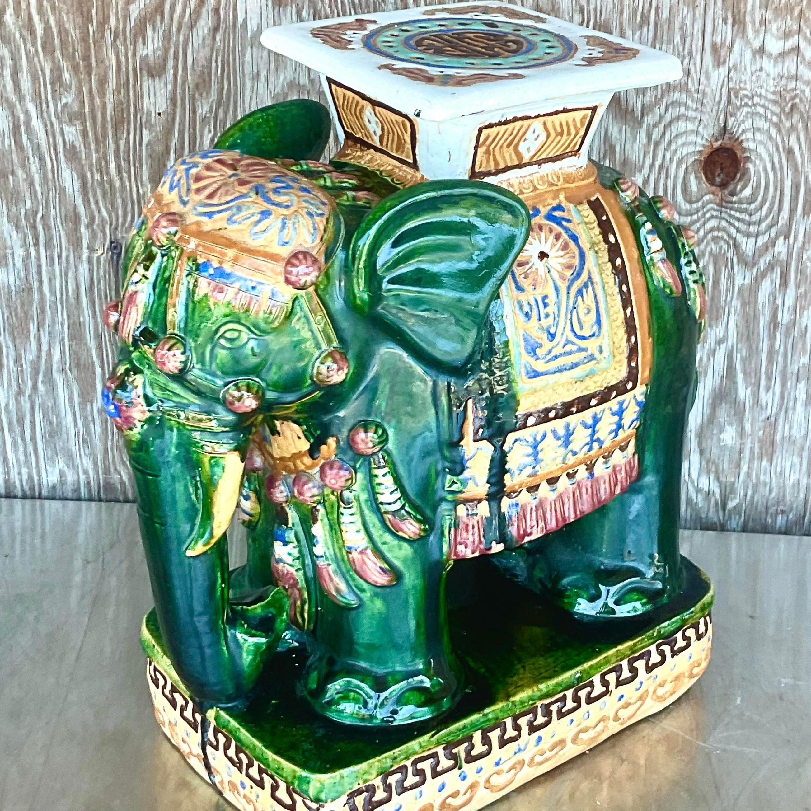 Bohemian Vintage Boho Glazed Ceramic Green Elephant Stool For Sale