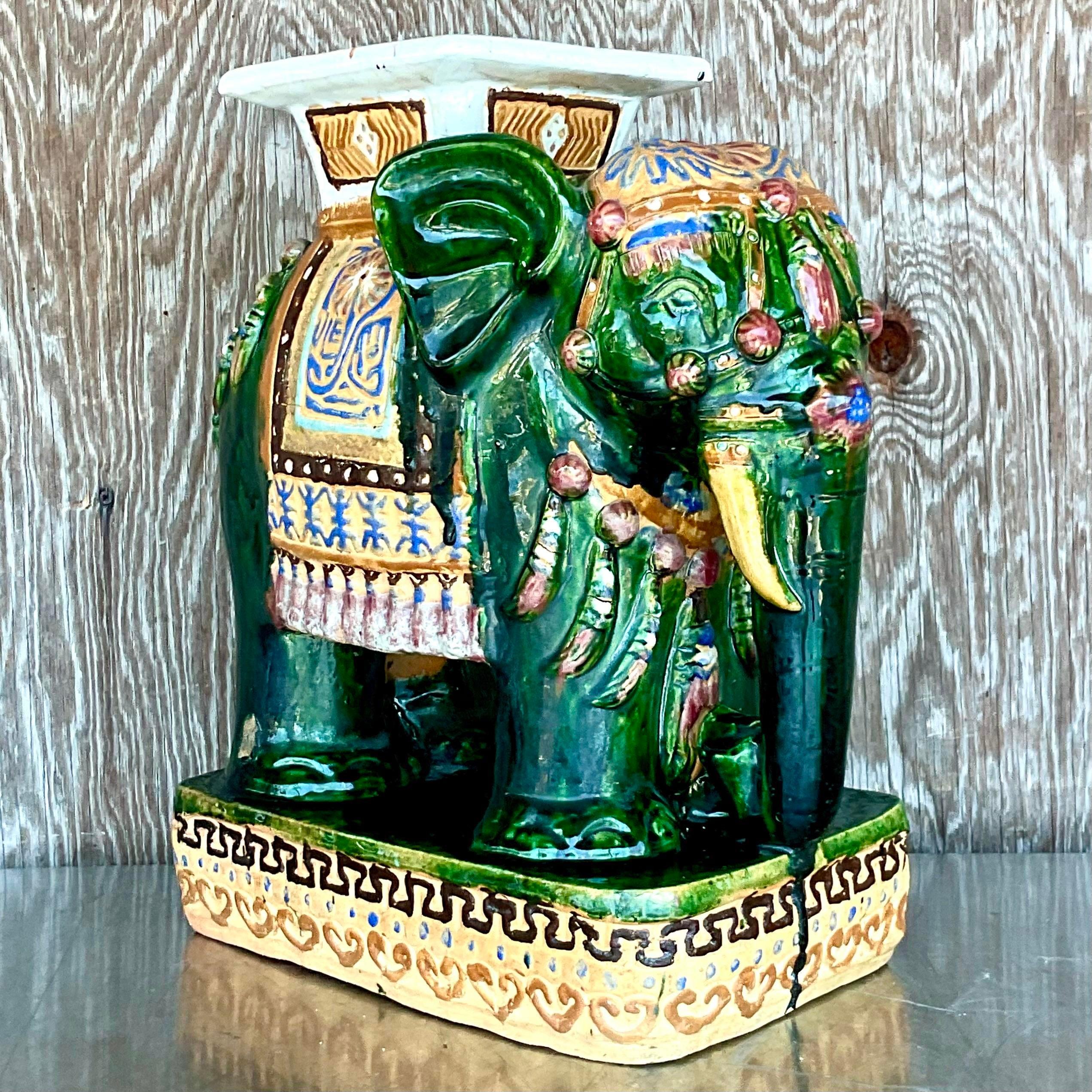 North American Vintage Boho Glazed Ceramic Green Elephant Stool For Sale