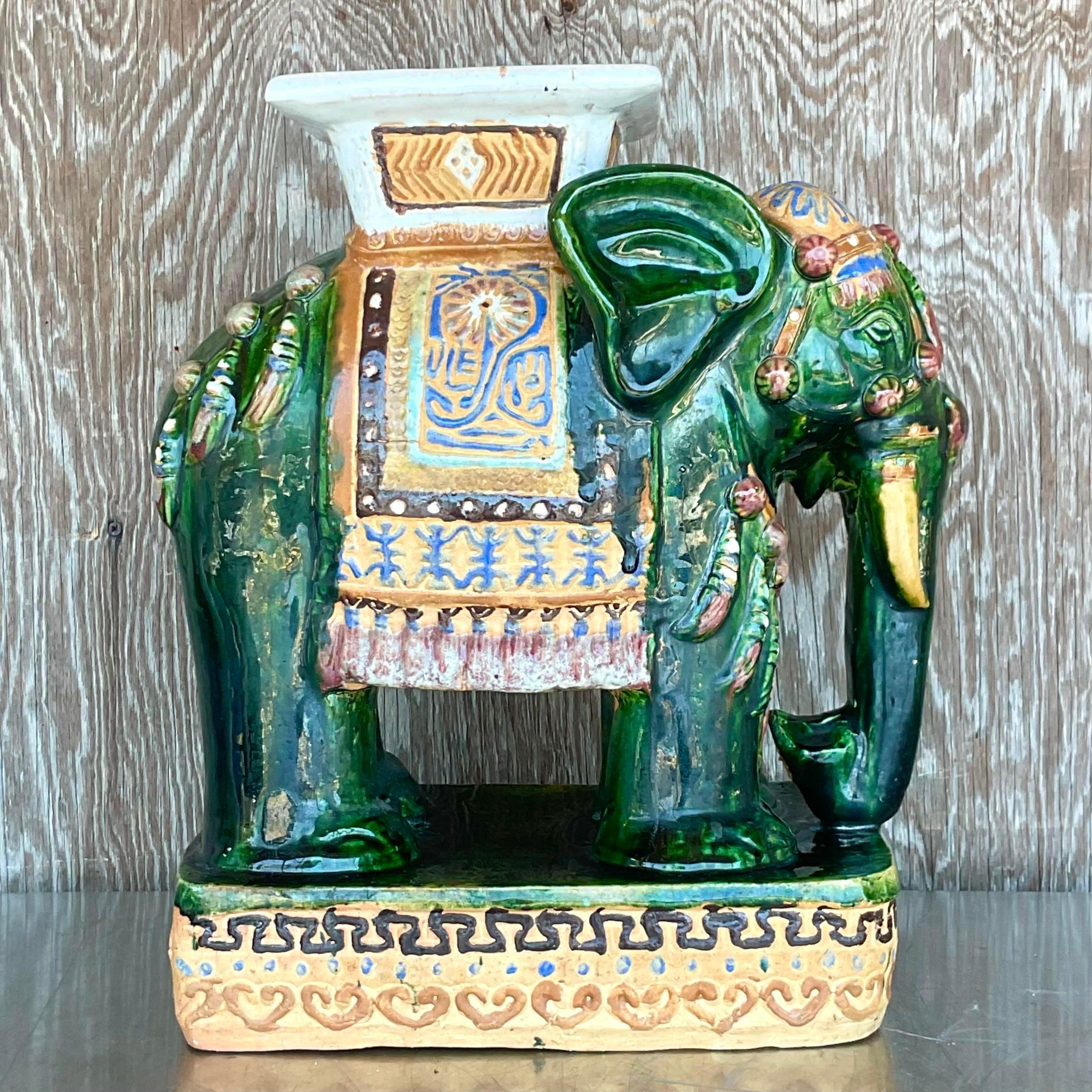 Vintage Boho Glazed Ceramic Green Elephant Stool In Good Condition For Sale In west palm beach, FL