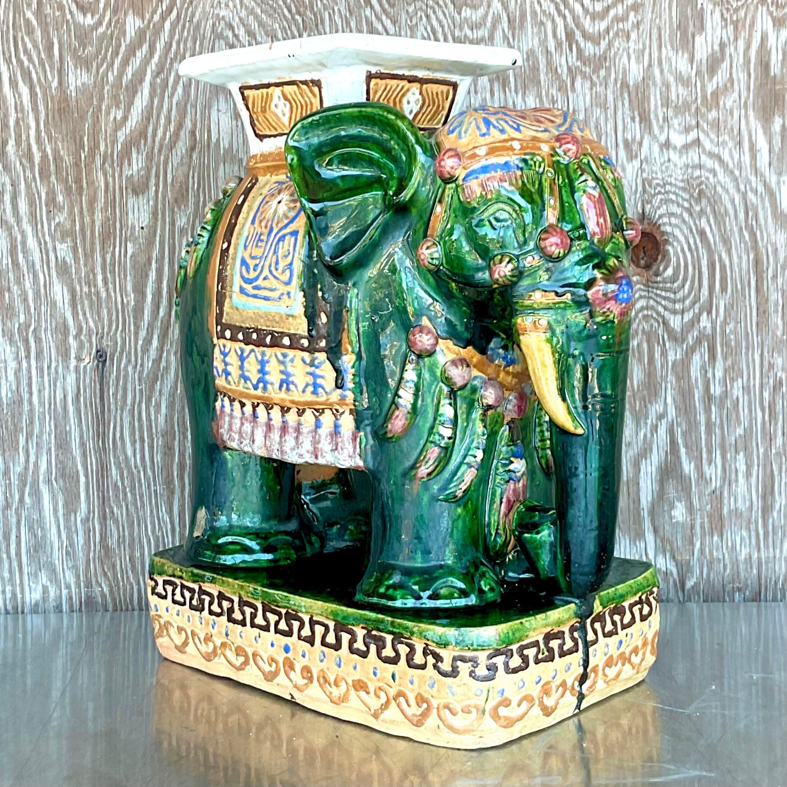 20th Century Vintage Boho Glazed Ceramic Green Elephant Stool For Sale