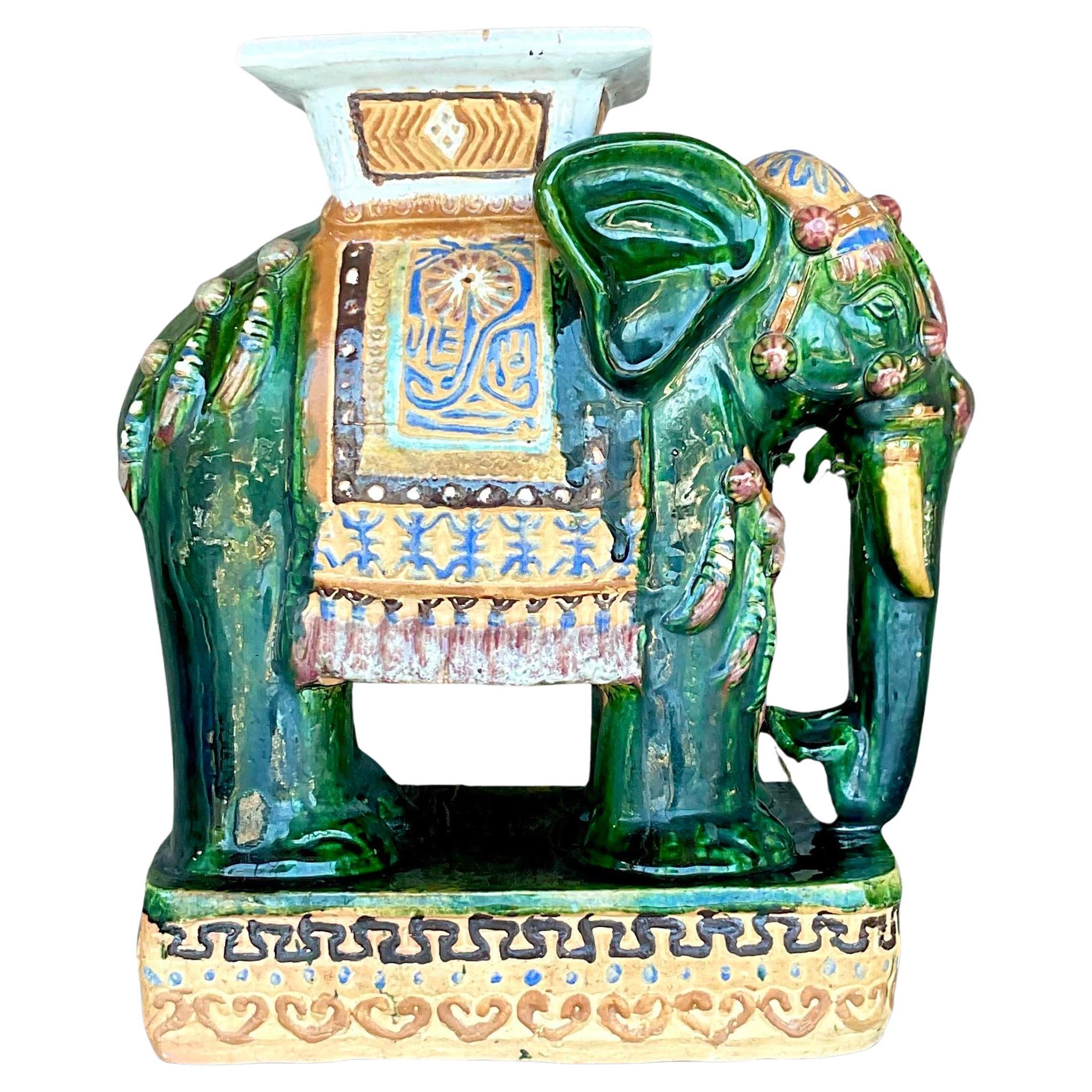 Vintage Boho Glazed Ceramic Green Elephant Stool For Sale