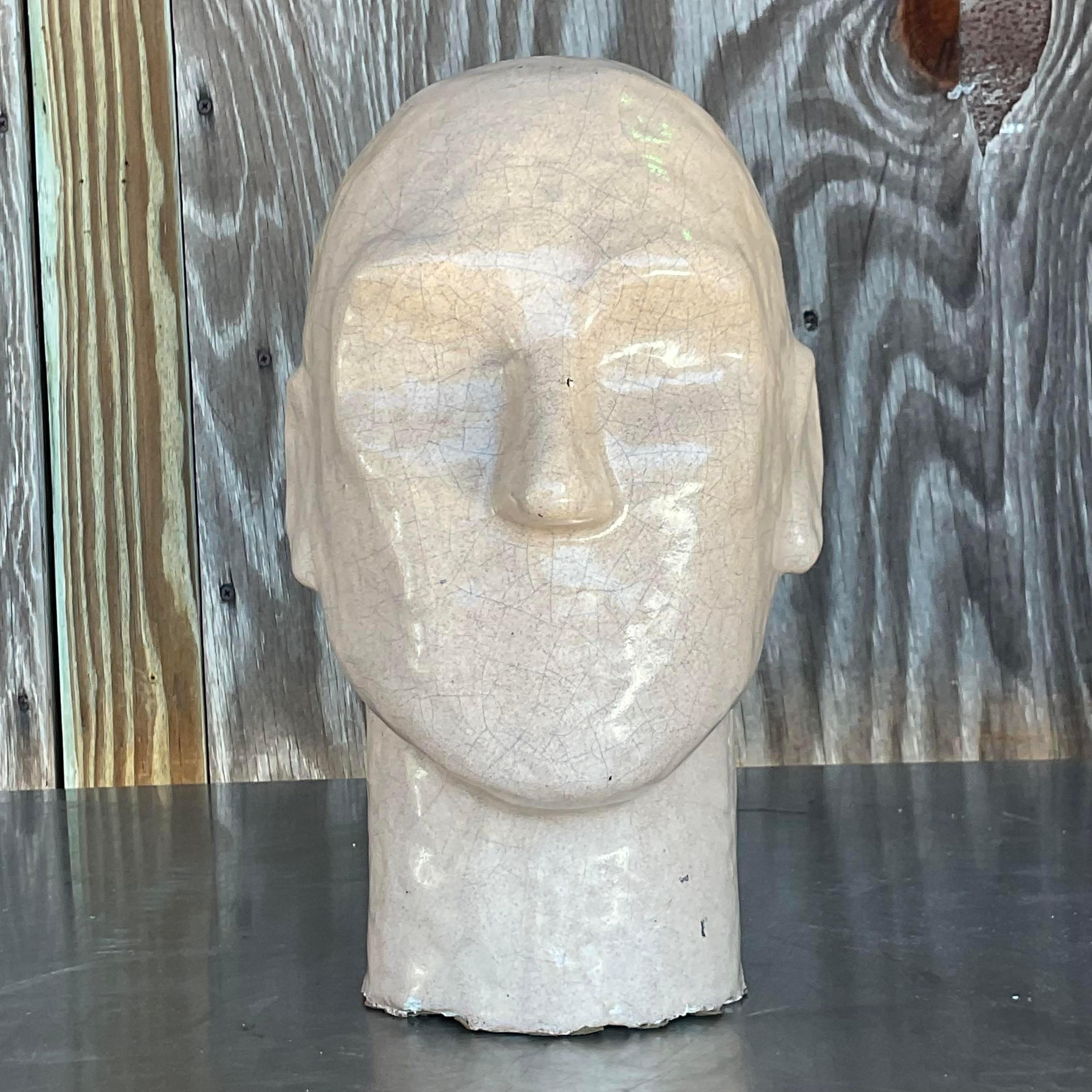 American Vintage Boho Glazed Ceramic Head Sculpture For Sale
