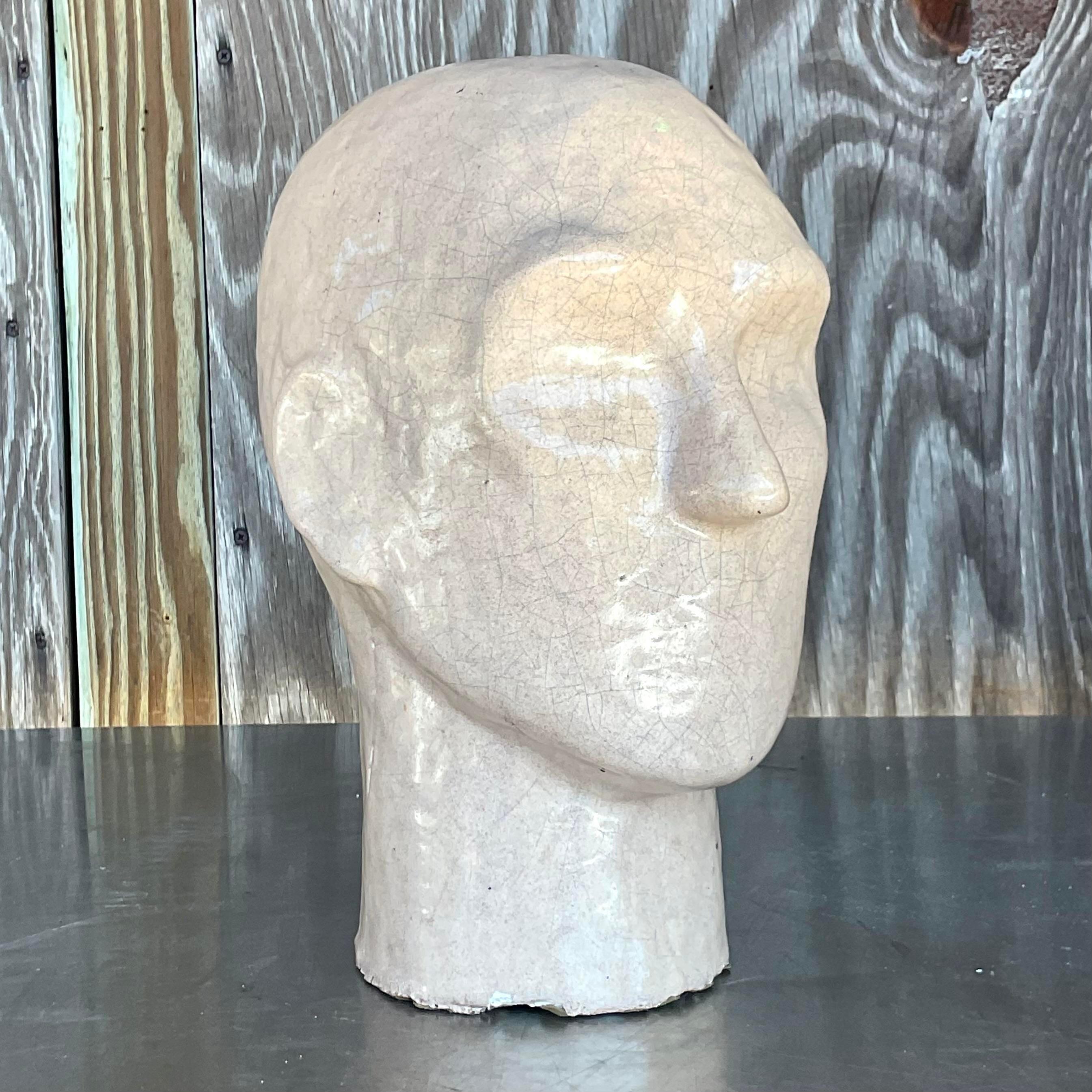 Vintage Boho Glazed Ceramic Head Sculpture In Good Condition For Sale In west palm beach, FL