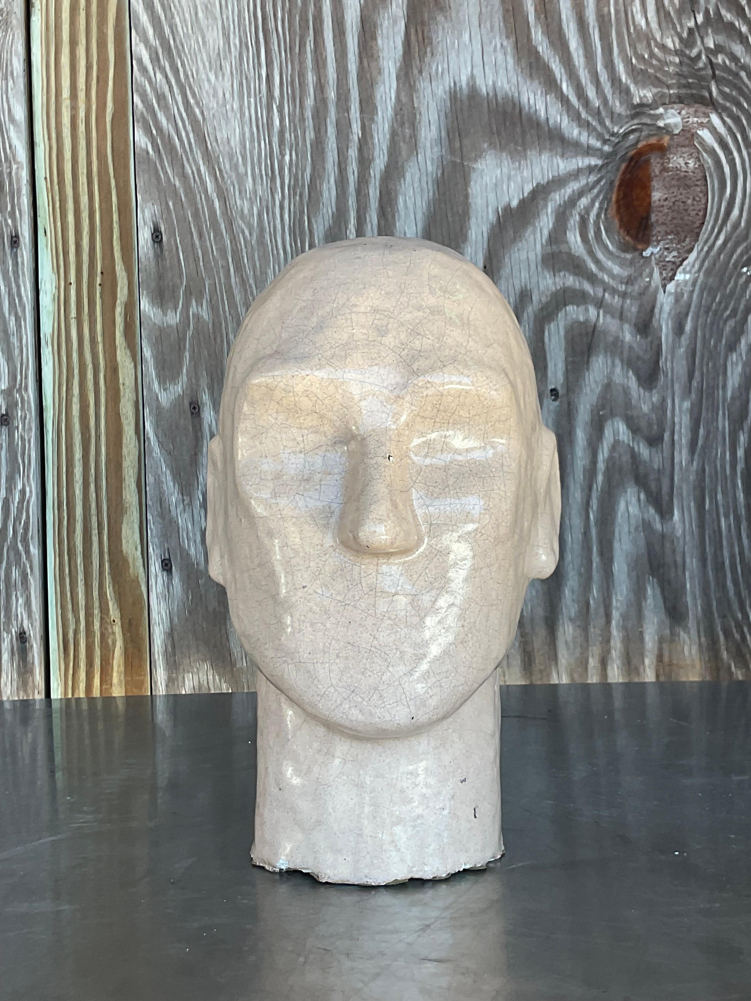 20th Century Vintage Boho Glazed Ceramic Head Sculpture For Sale