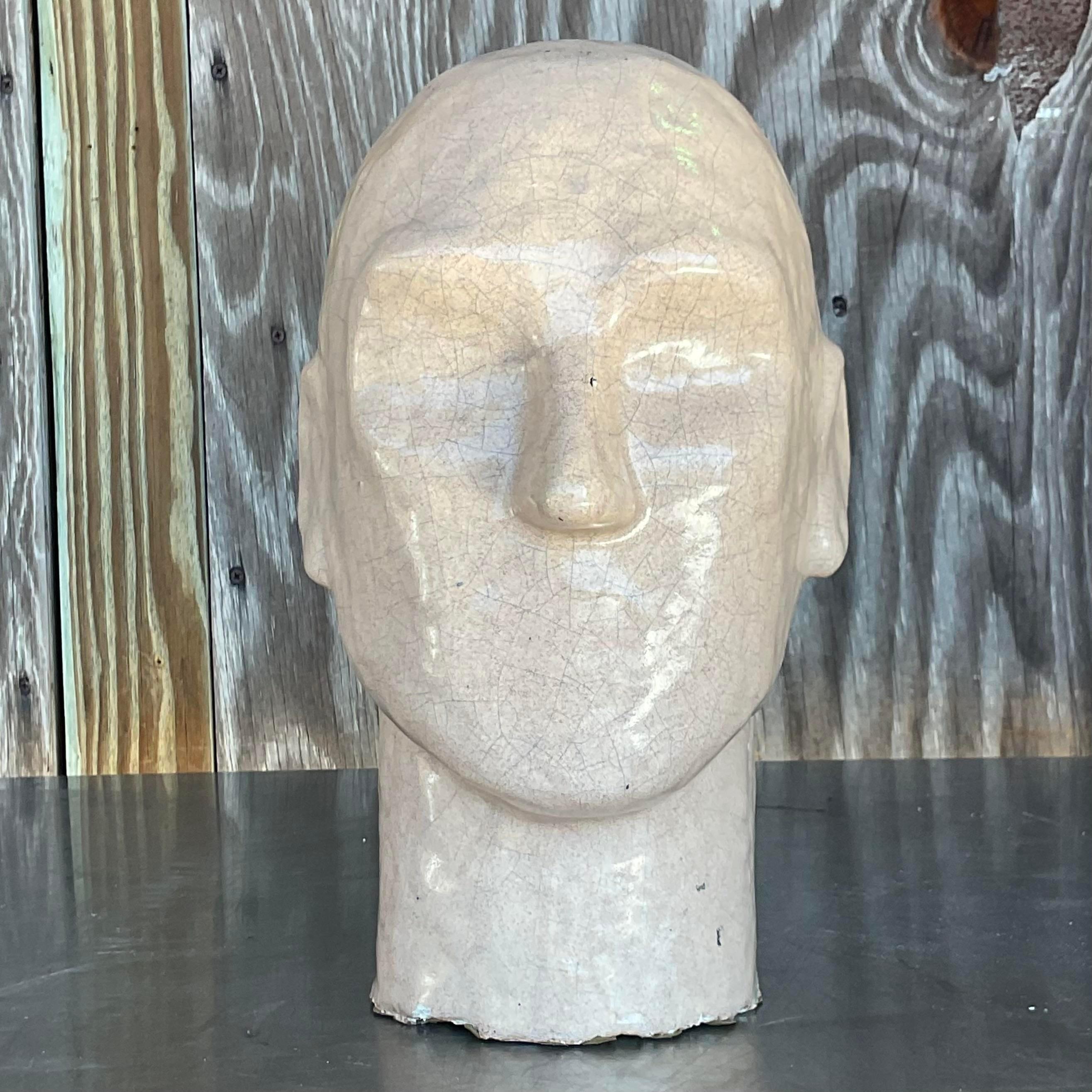 Sculpture de tête en céramique émaillée bohème vintage en vente 1