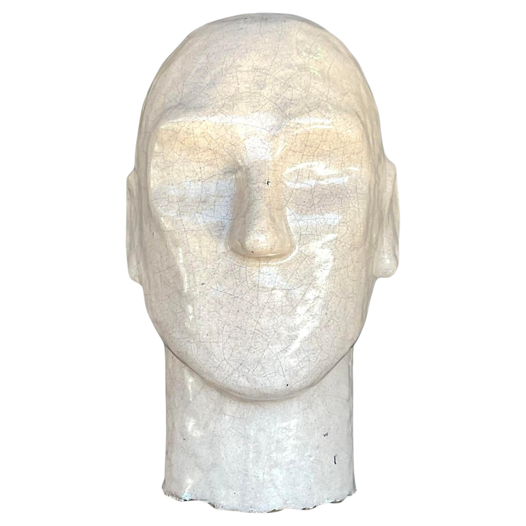 Vintage Boho Glazed Ceramic Head Sculpture For Sale