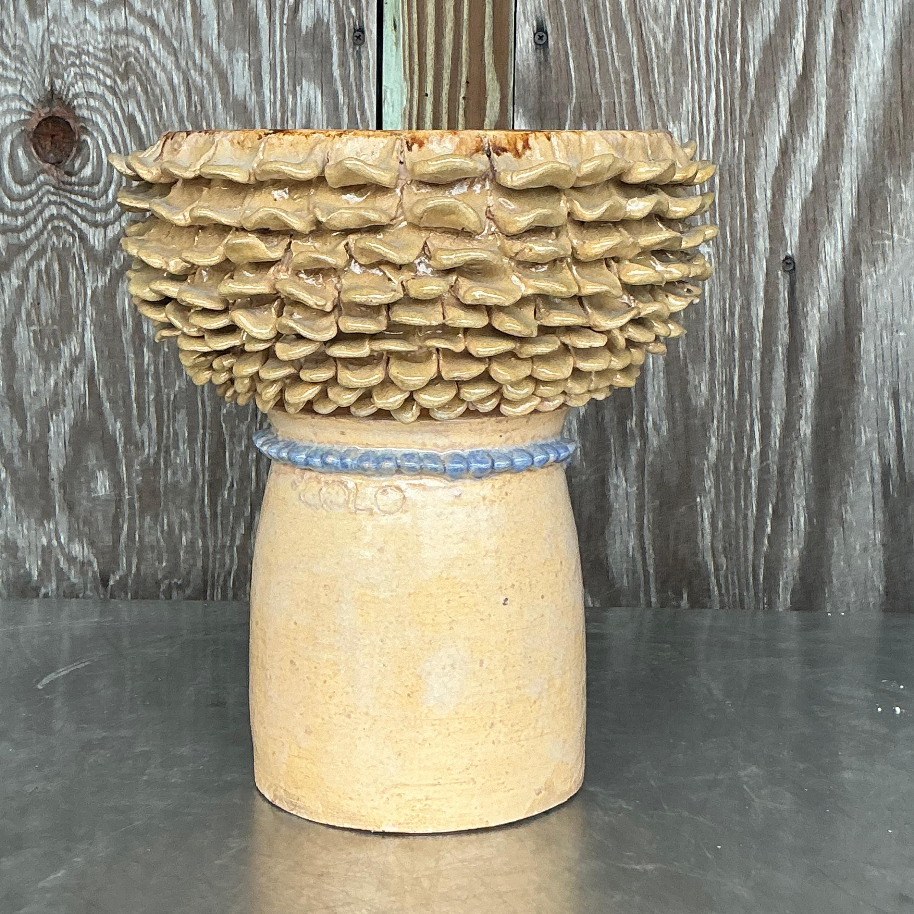 Vintage Boho glasierte Keramik Kopf Vase (Rustikal) im Angebot