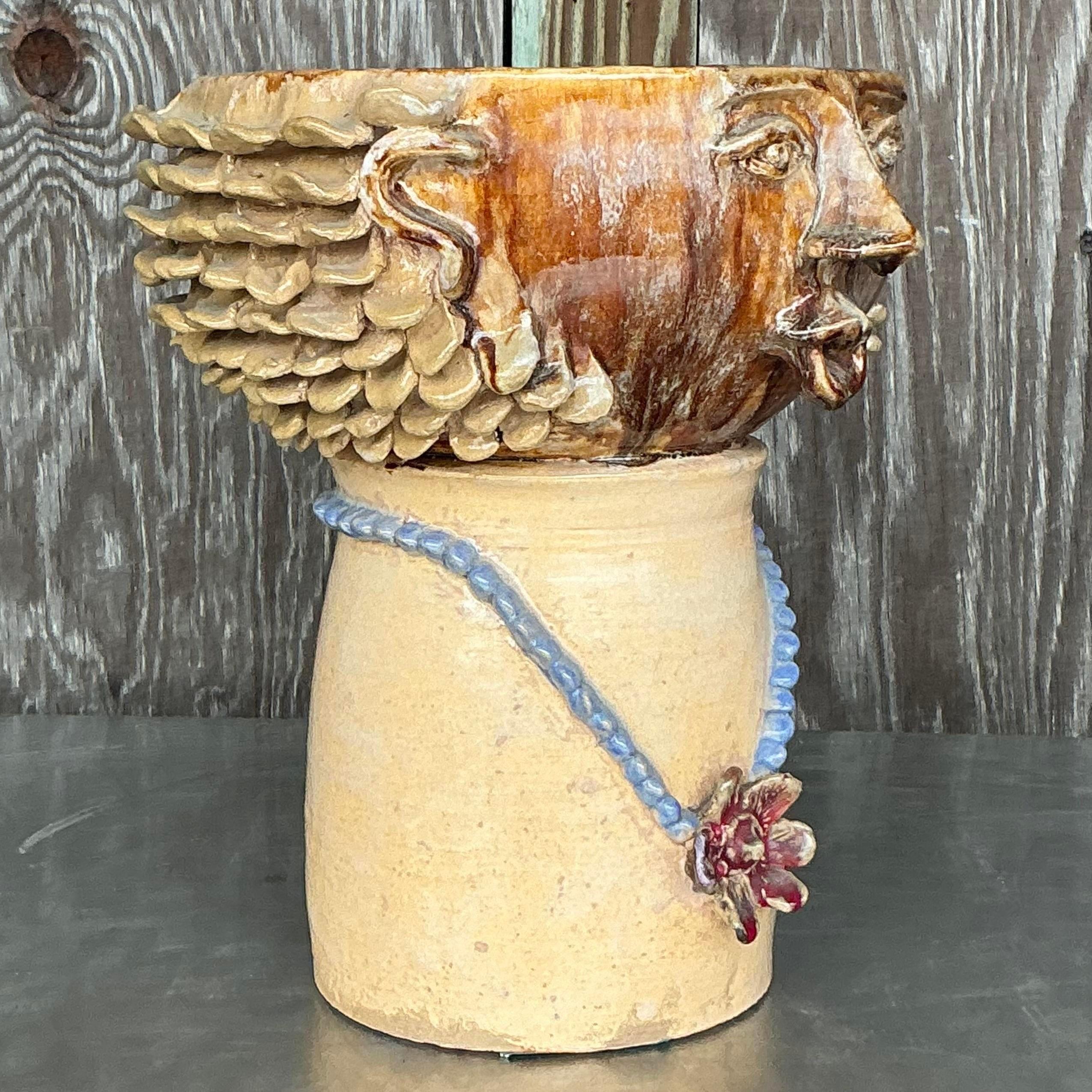 Vintage Boho glasierte Keramik Kopf Vase (amerikanisch) im Angebot