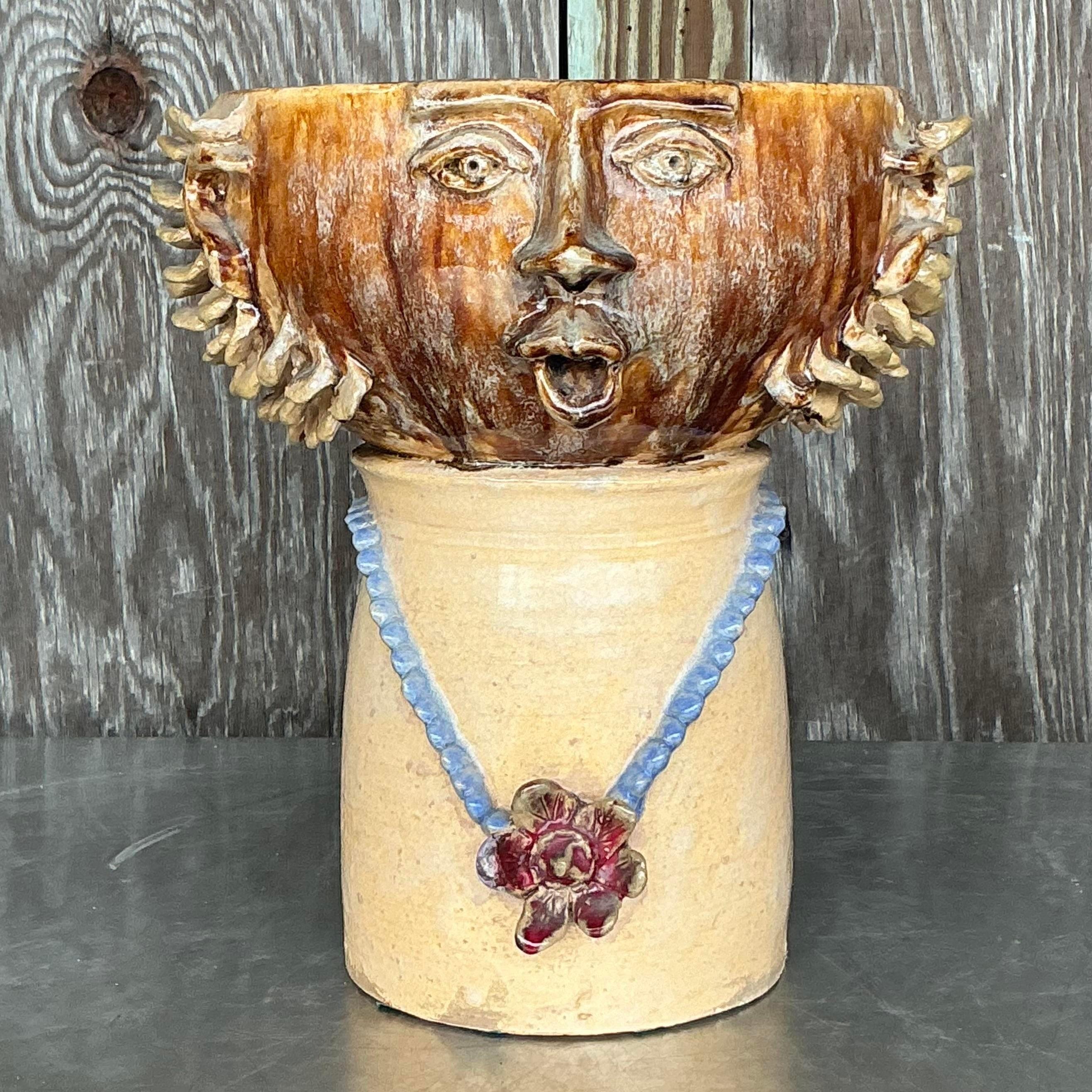 Vintage Boho glasierte Keramik Kopf Vase im Zustand „Gut“ im Angebot in West Palm Beach, FL