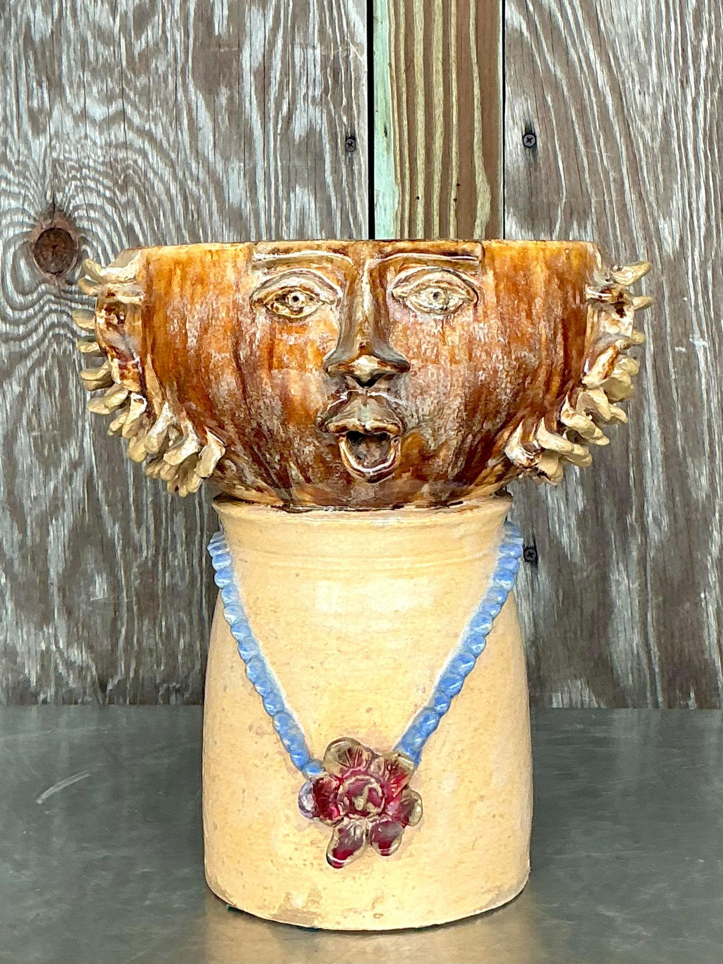 Vintage Boho glasierte Keramik Kopf Vase (20. Jahrhundert) im Angebot