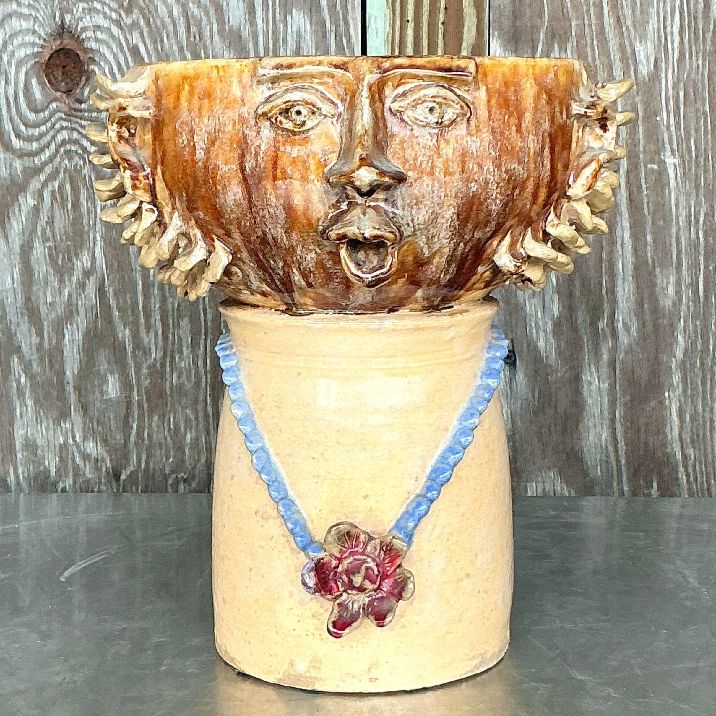 Vintage Boho glasierte Keramik Kopf Vase im Angebot 1