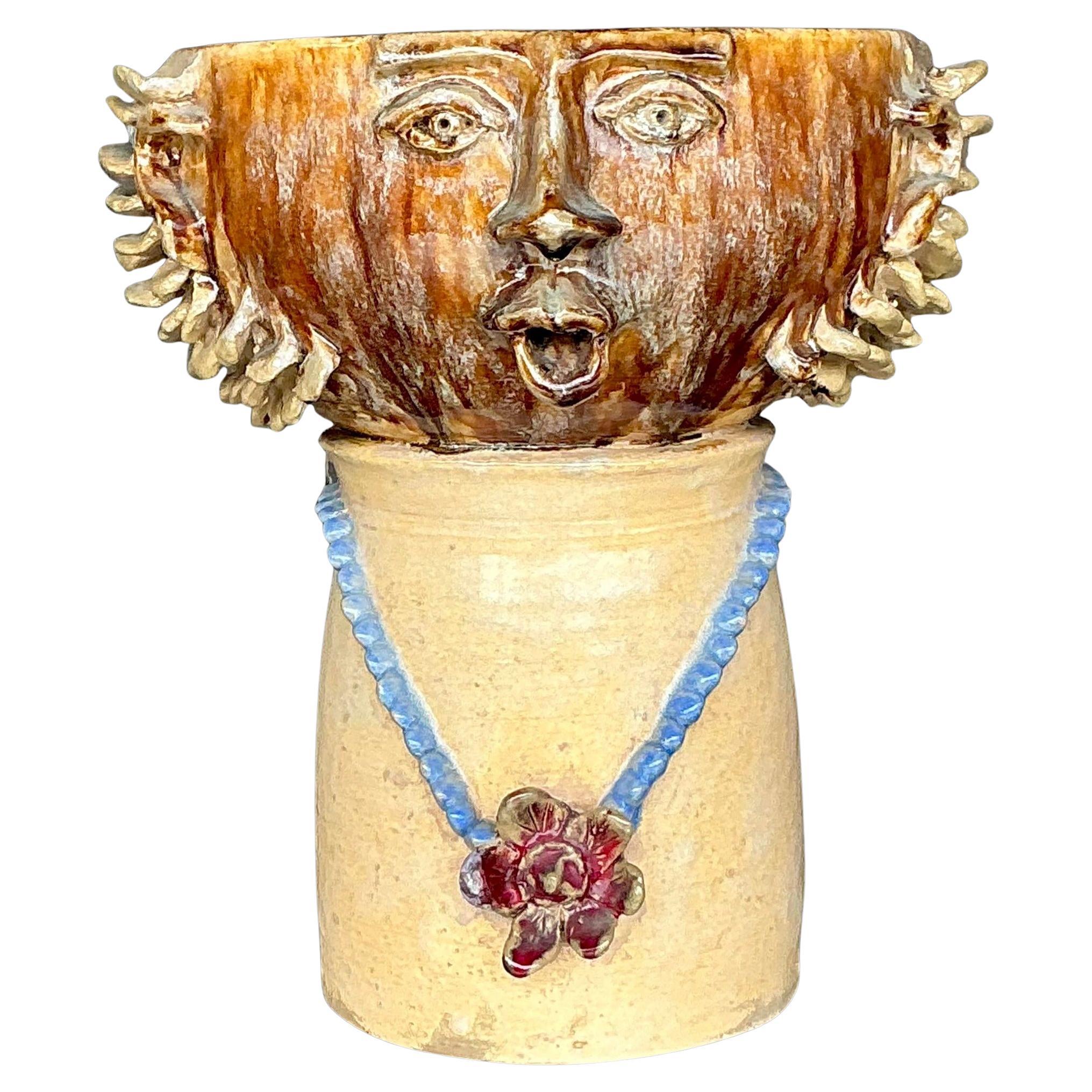 Vintage Boho Glazed Ceramic Head Vase