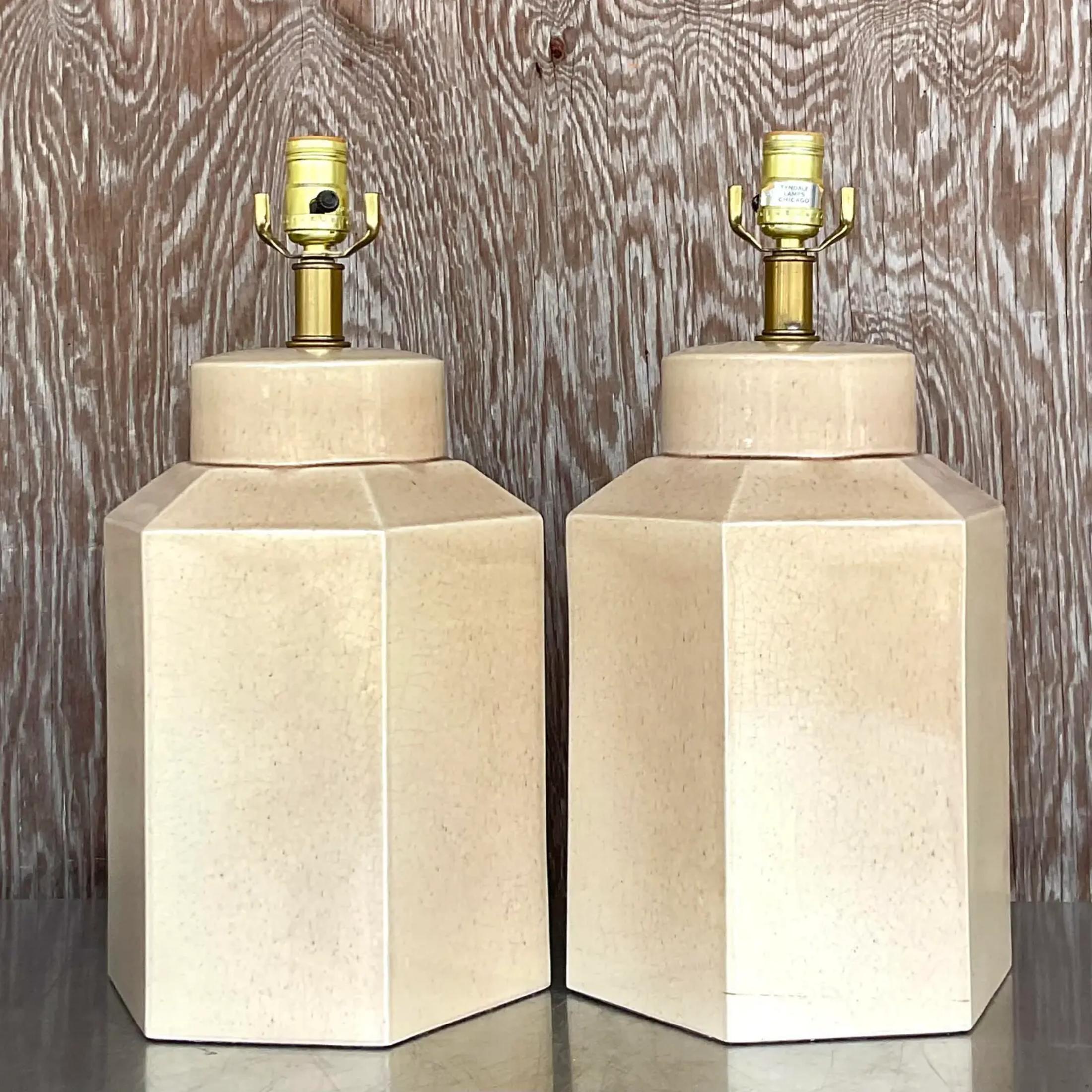 A fabulous pair of vintage Boho table lamps. A chic neutral color in a glazed ceramic finish. Acquired from a Palm Beach estate