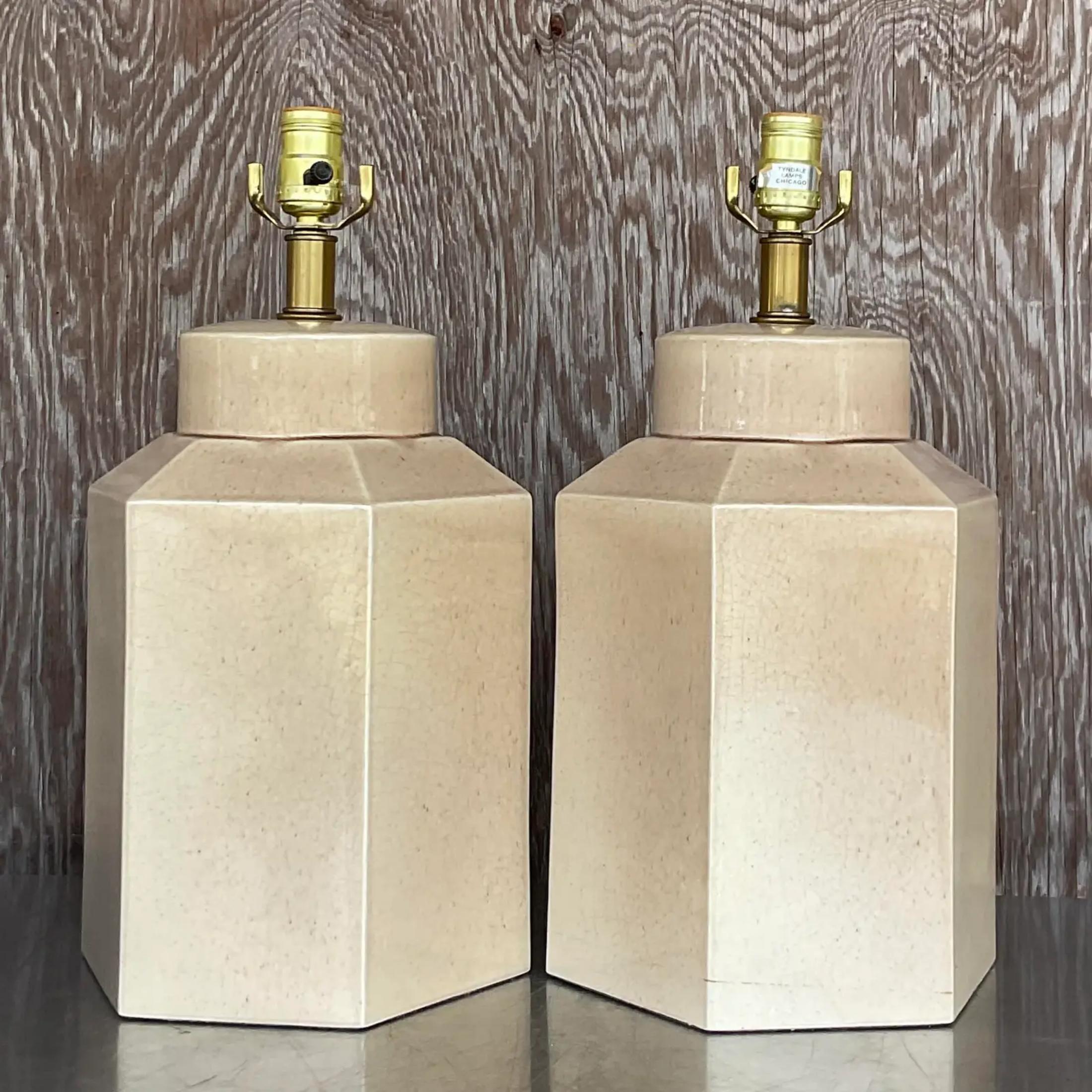 American Vintage Boho Glazed Ceramic Hexagon Table Lamps - a Pair For Sale