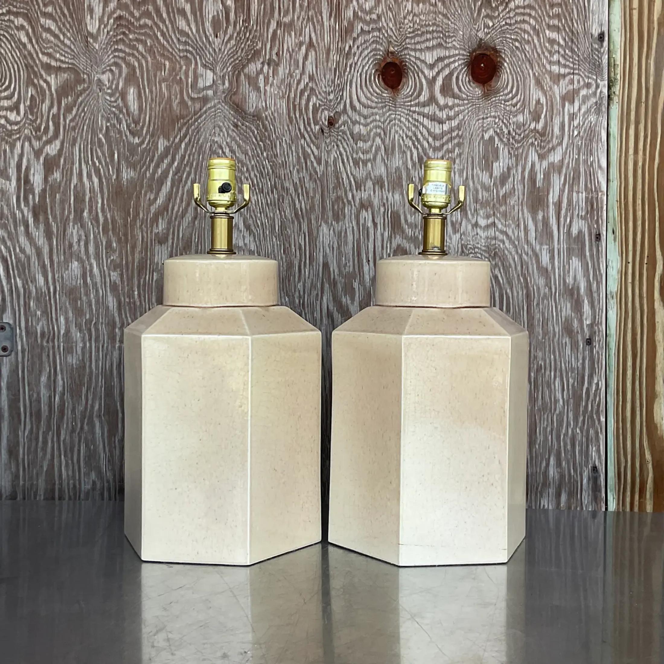 Vintage Boho Glazed Ceramic Hexagon Table Lamps - a Pair In Good Condition For Sale In west palm beach, FL